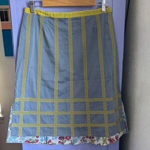 Anthropologie Neesh Blue Green Ribbon  pink white floral Hem Skirt Medium RARE